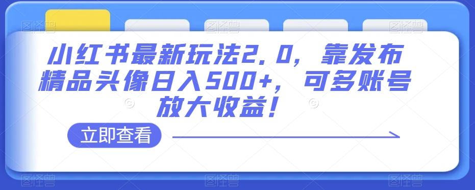小红书最新玩法2.0，靠发布精品头像日入500+，可多账号放大收益！【揭秘】-千羽资源库
