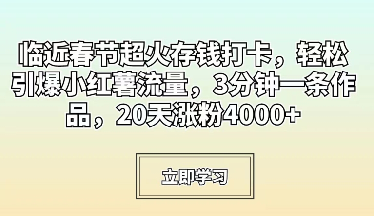 临近春节超火存钱打卡，轻松引爆小红薯流量，3分钟一条作品，20天涨粉4000+【揭秘】-千羽资源库