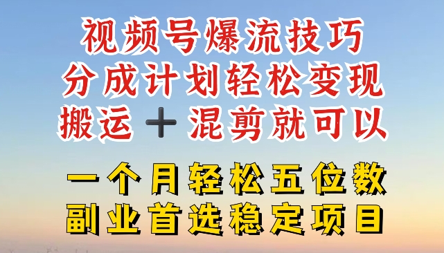 视频号爆流技巧，分成计划轻松变现，搬运 +混剪就可以，一个月轻松五位数稳定项目【揭秘】-千羽资源库
