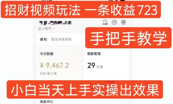 招财视频玩法，一条视频收益723，手把手教学，小白当天可上手-千羽资源库