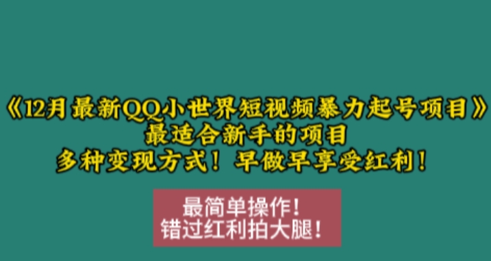 12月最新QQ小世界短视频暴力起号项目，最适合新手的项目，多种变现方式-千羽资源库