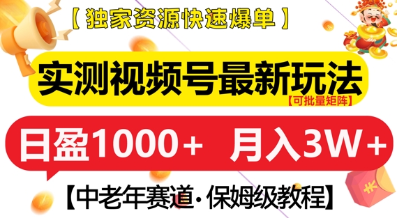 实测视频号最新玩法，中老年赛道，独家资源，月入过W+【揭秘】-千羽资源库